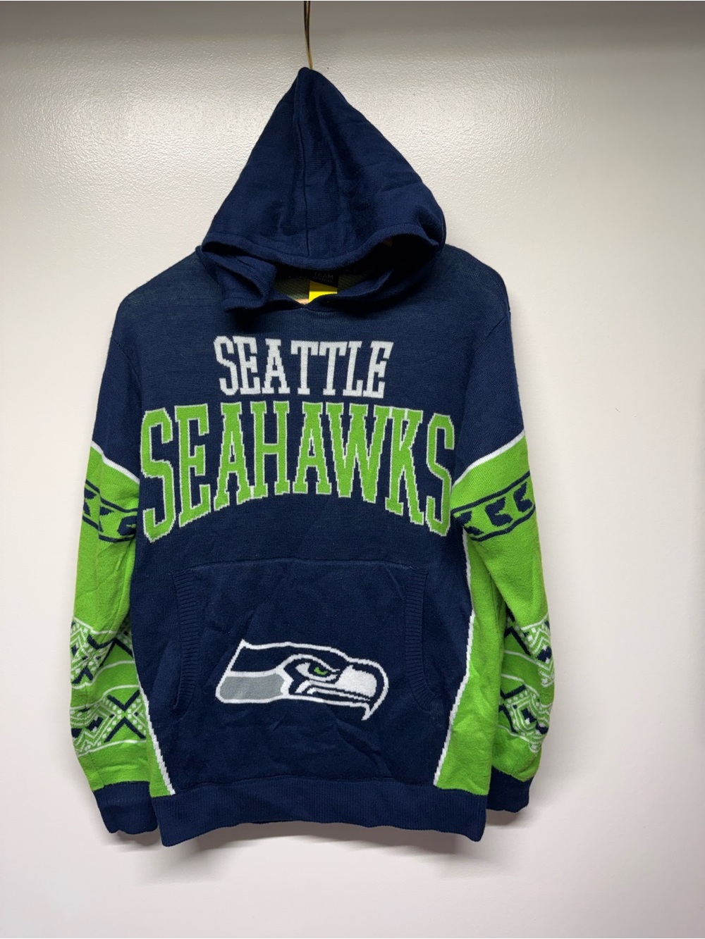 NFL Seattle Seahawks Navy and Neon Green Crewneck Sweater